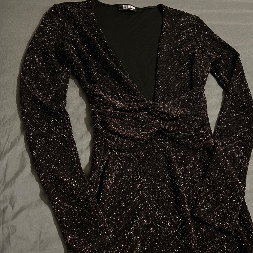 Fashion Nova Glittering Black Long Sleeve Dress
